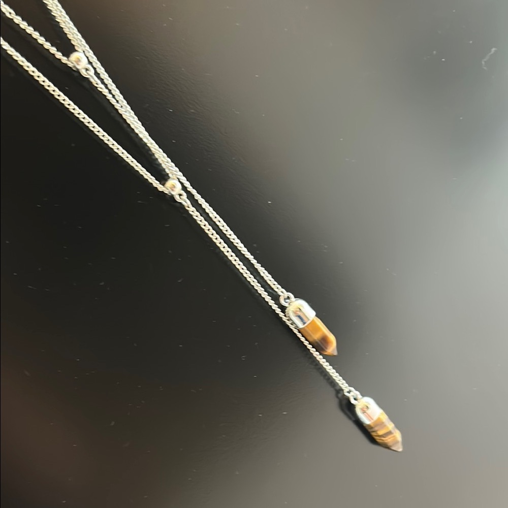 Elegant Double Layered Silver and Tigers Eyes Pendant Necklace